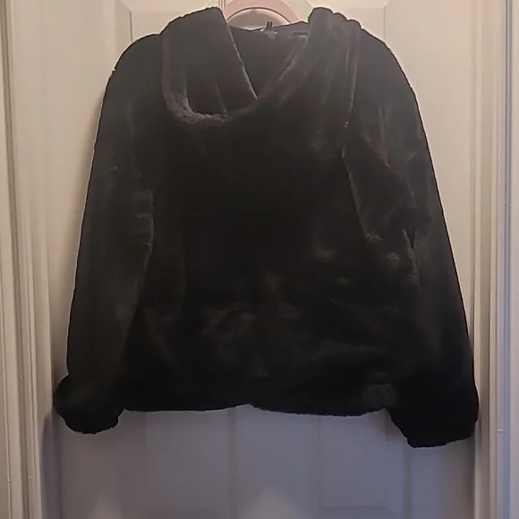 Bebe Plush Black Hooded Jacket Size Large - Picture 4 of 8